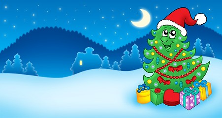 Image showing Christmas card with Santa tree and gift