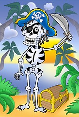 Image showing Pirate skeleton with sabre and treasure chest