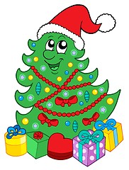 Image showing Smiling Christmas tree with gifts