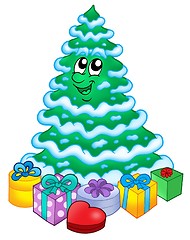 Image showing Snowy Christmas tree with gifts