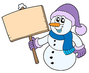 Image showing Snowman with wooden sign