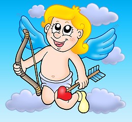 Image showing Small flying cupid with bow