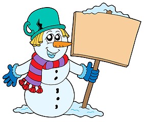 Image showing Snowman with sign