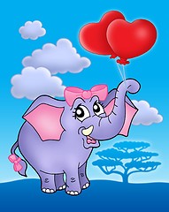 Image showing Elephant girl with heart balloons on blue sky