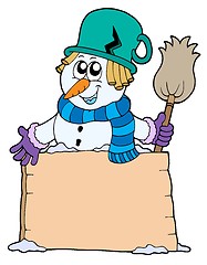 Image showing Snowman with sign and broom