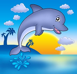 Image showing Cute dolphin with sunset