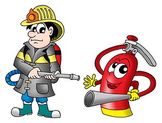 Image showing Fireman and fire extinguisher