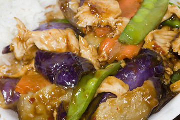 Image showing chinese food chicken with eggplant mixed vegetables