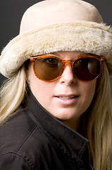 Image showing cute forty year old woman vintage sunglasses and hat