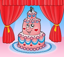 Image showing Cartoon wedding cake with curtains