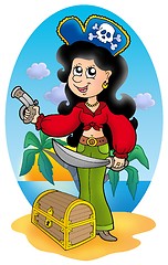 Image showing Cute pirate girl with treasure chest