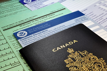 Image showing Arriving in the USA: Canadian Passport and USA Customs forms