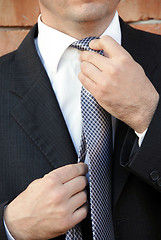 Image showing Businessman adjusting necktie