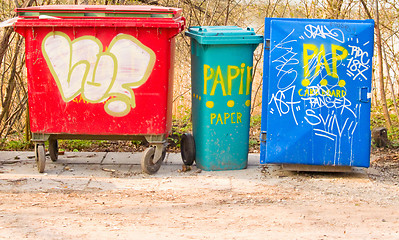 Image showing Reuse and recycle - Plastic recycling bins in Denmark