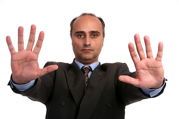 Image showing business man, boss sign stop
