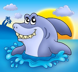 Image showing Cartoon shark with sunset