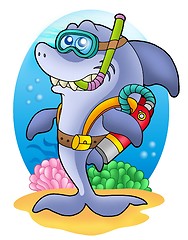 Image showing Shark scuba diver on sea bottom