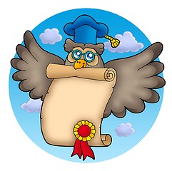 Image showing Owl teacher with diploma on sky