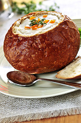 Image showing Soup in bread bowl