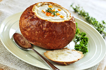 Image showing Soup in bread bowl