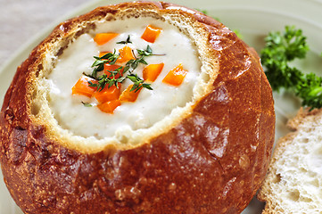 Image showing Soup in bread bowl