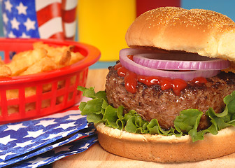 Image showing Hamburger in 4th of July setting