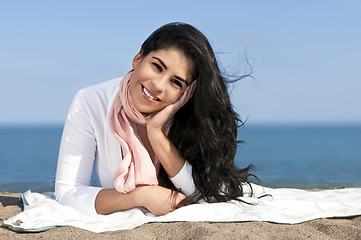 Image showing Young native american woman at beach