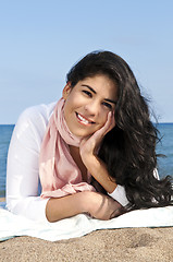 Image showing Young native american woman at beach