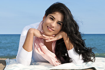 Image showing Young native american woman at beach