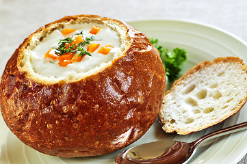 Image showing Soup in bread bowl