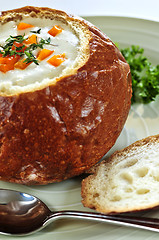 Image showing Soup in bread bowl