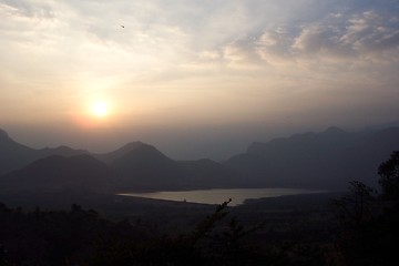 Image showing sunset over mountain lake