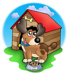 Image showing Cute dog in front of kennel