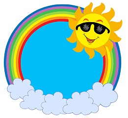 Image showing Cartoon Sun with sunglasses in raibow circle