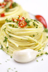 Image showing pasta garlic extra virgin olive oil and red chili pepper