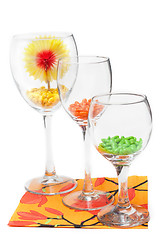 Image showing Three glasses with colour sweetmeat