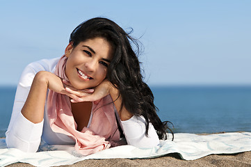 Image showing Young native american woman at beach