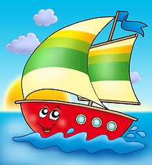 Image showing Cartoon sailing boat with sunset