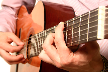 Image showing Acoustic guitar player close-up with focus on the hand