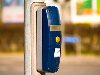 Image showing Traffic light button at an intersection in city