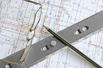 Image showing blueprint with pencil, glasses and steel scale ruler