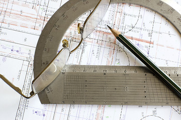 Image showing blueprint with pencil, glasses and steel protractor