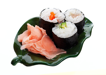 Image showing Sushi and Ginger on a Leaf