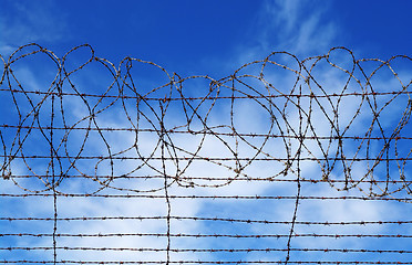 Image showing restrictions barbed wire blue sky