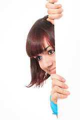 Image showing Beautiful woman holding empty white board