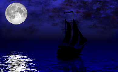 Image showing Sailing ship under full Moon