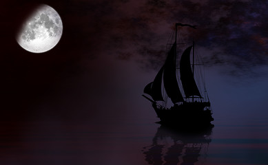 Image showing Sailing ship under full Moon