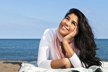 Image showing Young native american woman at beach