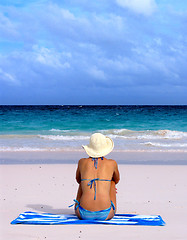 Image showing Straw Hat Girl on Beach