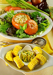 Image showing Corn Cobs And Stuffed Pumpkin